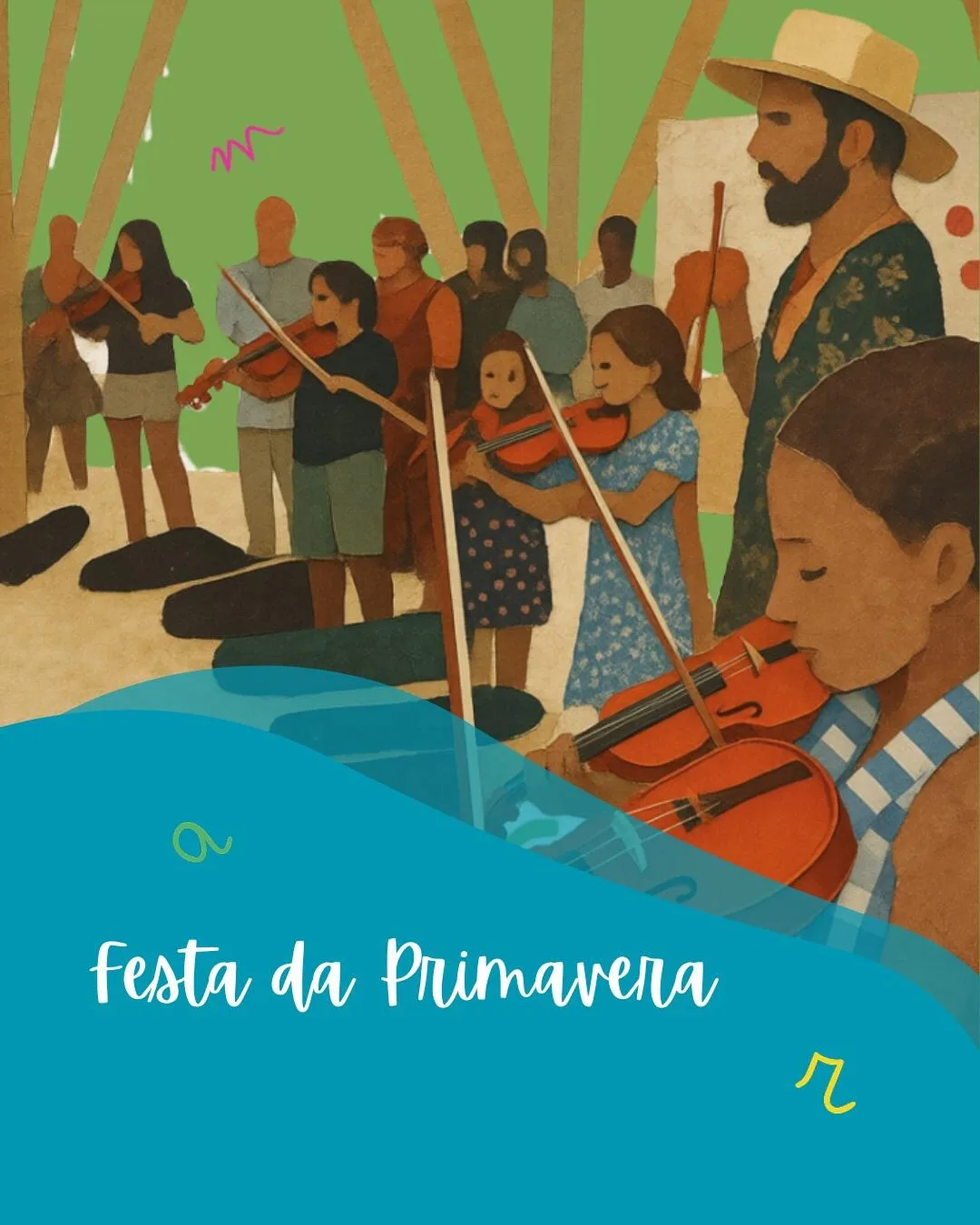 Ilustração de músicos no convite da Festa da Primavera da Escola Maramar
